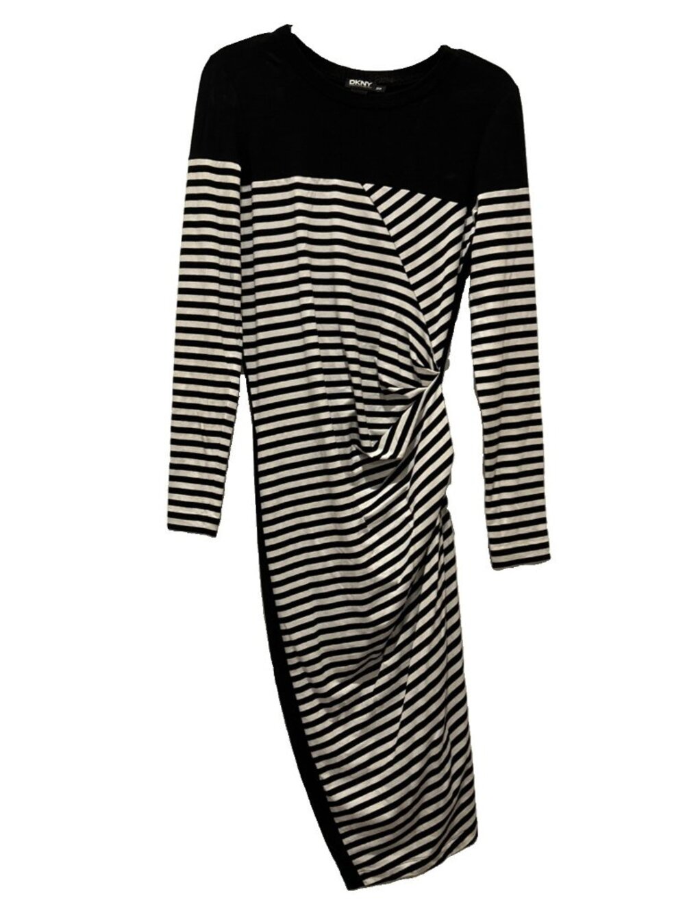 DKNY Women’s Black & White Stripe Ruched Asymmetrical Long Sleeve Dress XP/P